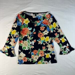 Ralph Lauren Womens Floral Print 3/4 Bell Sleeve BoatNeck Top Blouse Size Medium